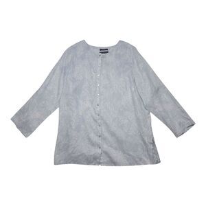 Tahari 100% Linen Top Women's 1X Light‎ Blue Button Up Fern Print Coastal Beach